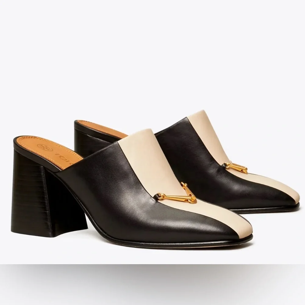 TORY BURCH EQUESTRIAN LINK MULE 80MM PUMP LEATHER BLACK/DULCE DE LECHE SZ US 8 - Picture 1 of 11